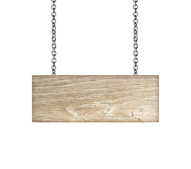istock Wooden sign hanging on a chain isolated on white 529118169
