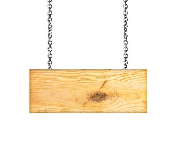istock Wooden sign hanging on a chain isolated on white 529118993