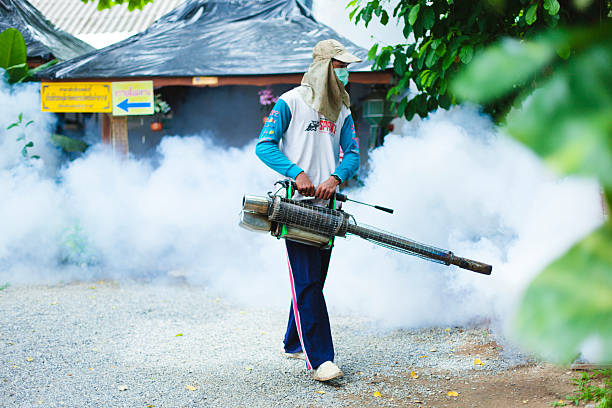 男 霧なしモスキートスプレーで、公共の公園 - malaria ストックフォトと画像