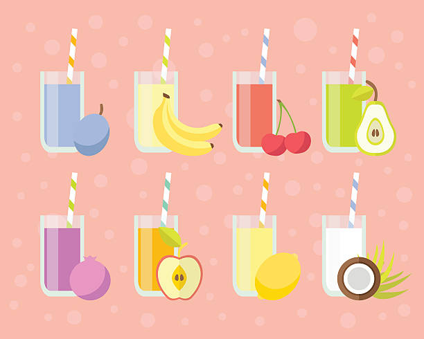 신선한 주스 세트 (평편 스타일 - backgrounds banana berry fruit blended drink stock illustrations