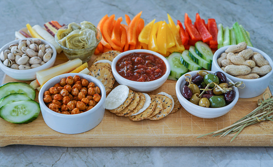Vegetable Crudites and Dips/ vegetable platter, healthy eating. Gluten free, paleo diet. Selective focus.