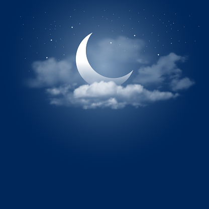 Mystical Night sky background with half moon, clouds and stars. Moonlight night. Vector illustration.