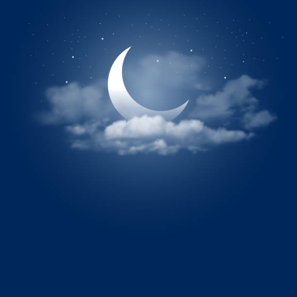 Moonlight night Mystical Night sky background with half moon, clouds and stars. Moonlight night. Vector illustration. planetary moon illustrations stock illustrations
