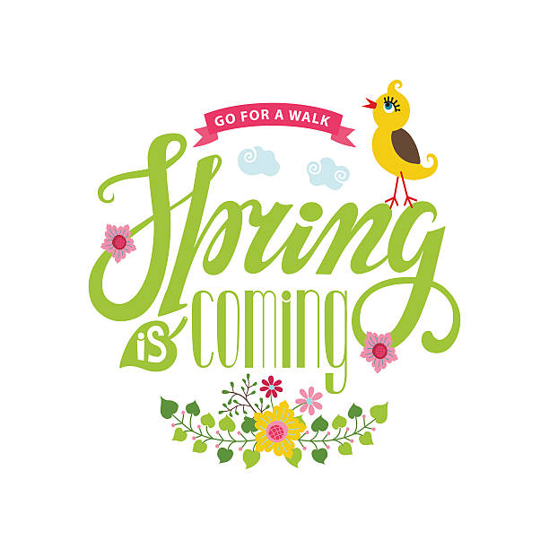 ilustraciones, imágenes clip art, dibujos animados e iconos de stock de primavera está próximo tarjeta letras, flores, aves, plano - wolk