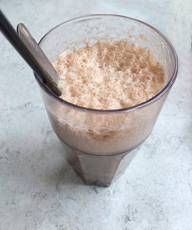 Egg cream soda with foam on top. Egg cream soda is made of milk, chocolate syrup and seltzer. There is no egg or cream in the recipe.