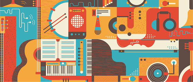 Abstract Music Background, flat vector illustration. Collage of varios musical instruments.