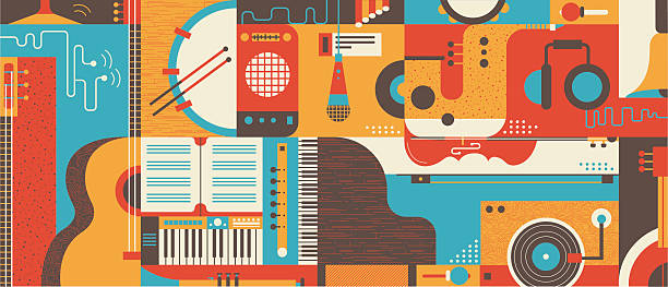 Abstract Music Background flat vector illustration Abstract Music Background, flat vector illustration. Collage of varios musical instruments. music stock illustrations