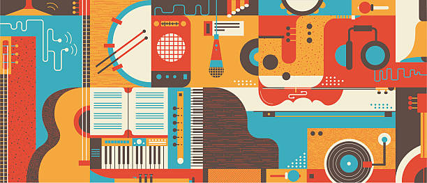 Abstract Music Background flat vector illustration Abstract Music Background, flat vector illustration. Collage of varios musical instruments. abstract musical instrument stock illustrations