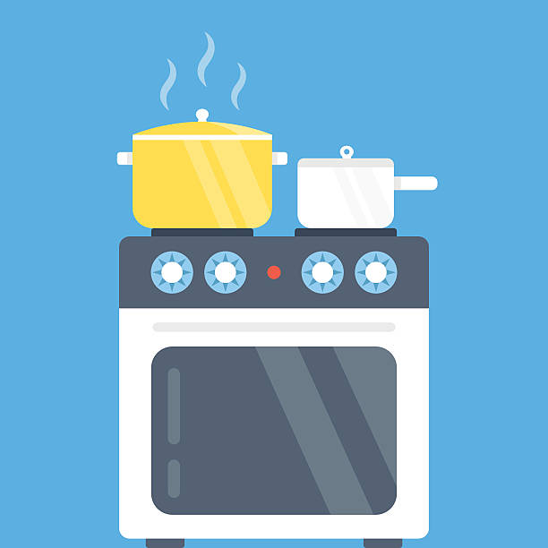 Electric oven and saucepans. Modern flat design vector illustration Electric oven and saucepans. Kitchen appliances, kitchen interior, utensils concepts. Front view. Modern flat design vector illustration isolated on blue background gas stove burner stock illustrations