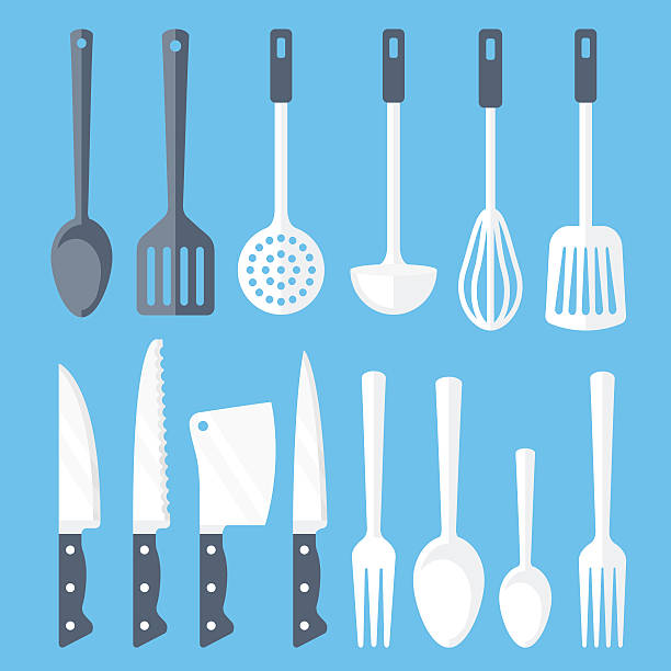 illustrations, cliparts, dessins animés et icônes de outils de cuisine icônes plat ensemble. illustration vectorielle - kitchen utensil kitchen knife wire whisk spatula