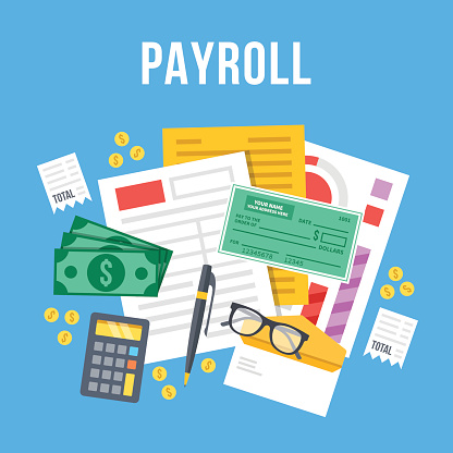 Payroll, invoice sheet flat illustration. Payroll template, calculate salary, budget concepts. Top view. Modern flat design for web banners, web sites, infographics. Creative vector illustration