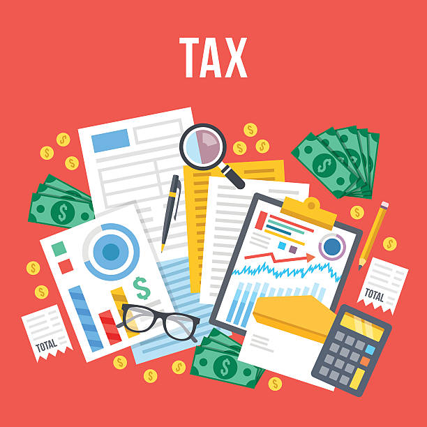 tax calculation, accounting, paperwork concept. top view. flat vector illustration - kişisel finans illüstrasyonlar stock illustrations