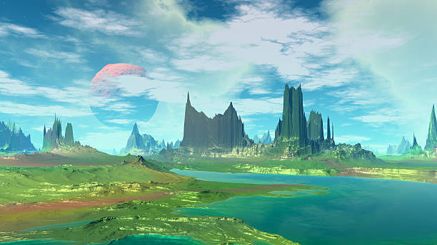 istock Fantasy alien planet. Rocks and lake. 3D illustration 529131170