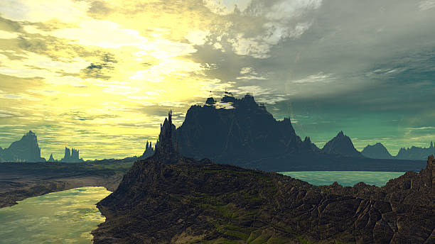 istock Fantasy alien planet. Rocks and lake. 3D illustration 529131532