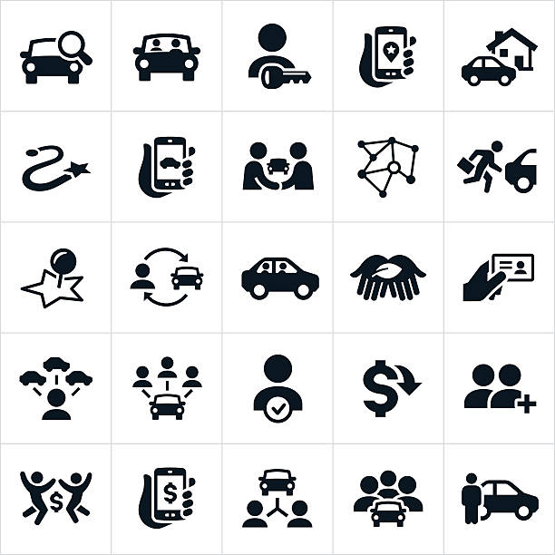 Ridesharing and Carpooling Icons Icons representing concepts of ridesharing and/or carpooling. The icons show different ridesharing scenes as well as the benefits of ridesharing or carpooling. mobility as a service stock illustrations