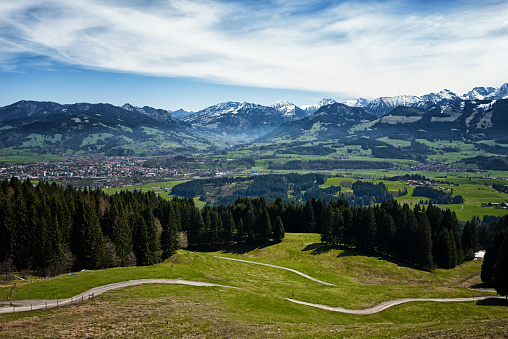 Panoramic view of mountain range in Allgäu, Germany, with hiking trails in front. The city on the left side is Immenstadt im Allgäu
