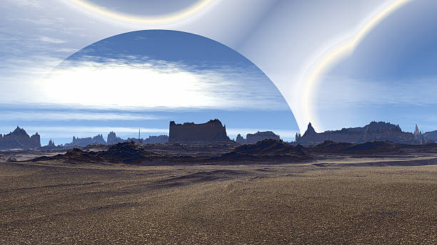 istock Fantasy alien planet. Rocks and lake. 3D illustration 529132884