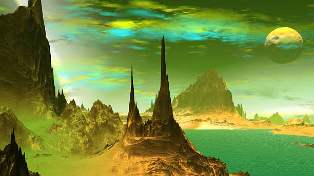 istock Fantasy alien planet. Rocks and lake. 3D illustration 529132916