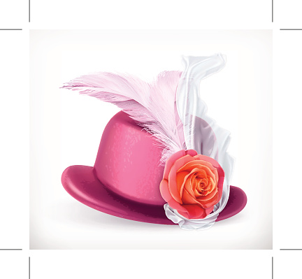 Hat with rose and feathers, vector icon