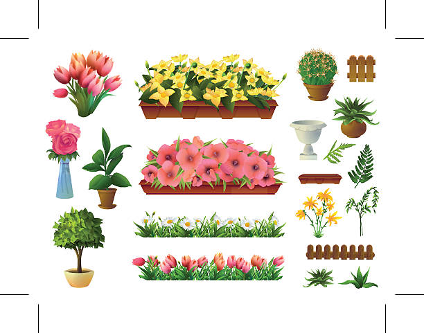ilustrações, clipart, desenhos animados e ícones de plantas e flores elementos - bush flower pot tree flower