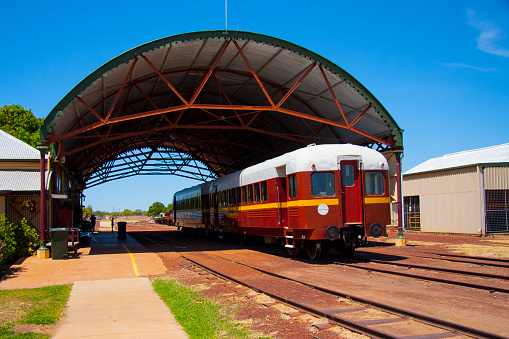 Normanton railway station, outback Queensland  with Gulflander - The Tin Hare - rail-motor ready to depart to Croyden. Historical train voyage frequented by tourists and rail enthusiasts. Canon 40D