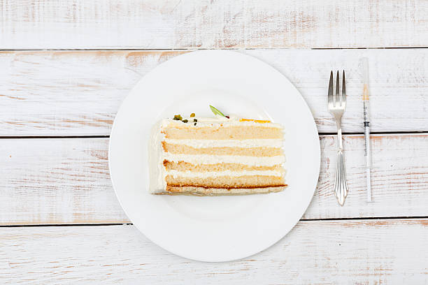 istock Piece of cake on plate, insulin syringe next to it 529135629