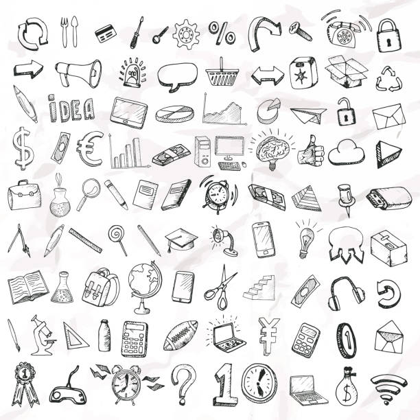 ilustraciones, imágenes clip art, dibujos animados e iconos de stock de conjunto de doodle iconos. - euro symbol illustrations