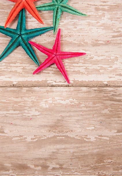 istock Summer vacation.  Colorful starfish on wooden background. 529140114