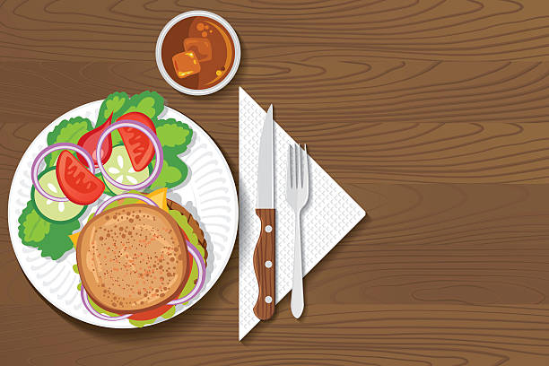 Paper Plate Of Food On A Wood Background Paper Plate Of Food On A Wood Background. hamburger and salada paper plate stock illustrations