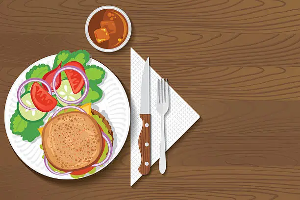 Vector illustration of Paper Plate Of Food On A Wood Background