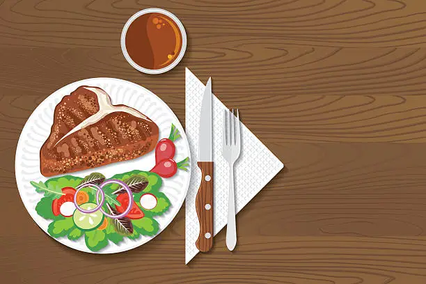 Vector illustration of Paper Plate Of Food On A Wood Background
