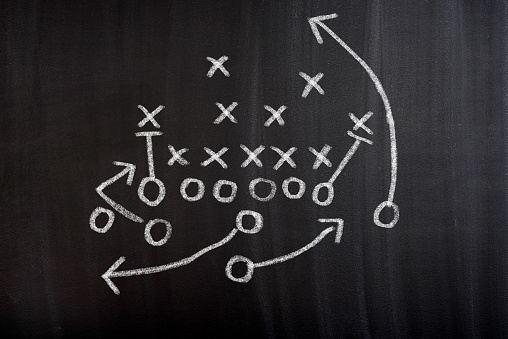 Football Strategy Game plan on black chalk board. The arrows cross and circle sign represent football offense and defense and a goal of getting a game winning touchdown.