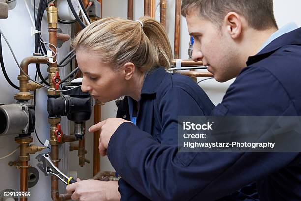 Female Trainee Plumber Working On Central Heating Boiler Stock Photo - Download Image Now