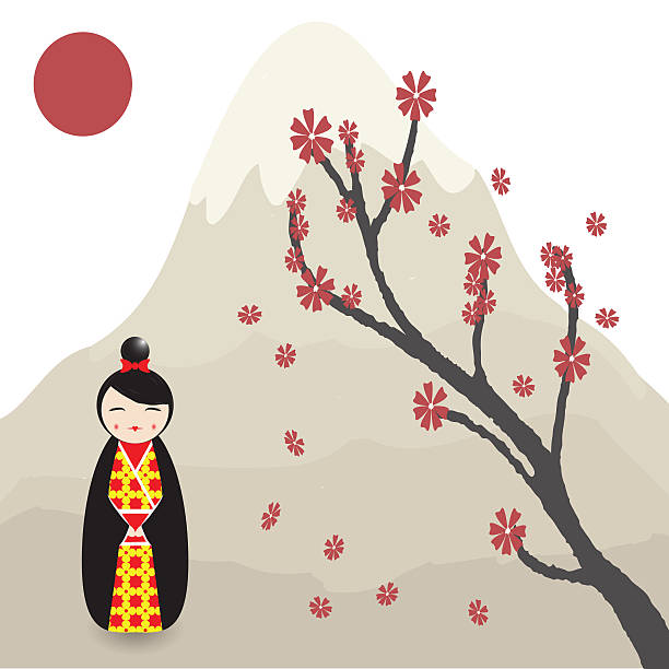 ilustraciones, imágenes clip art, dibujos animados e iconos de stock de kokeshi muñeca con sakura branch - chica kimono del anime