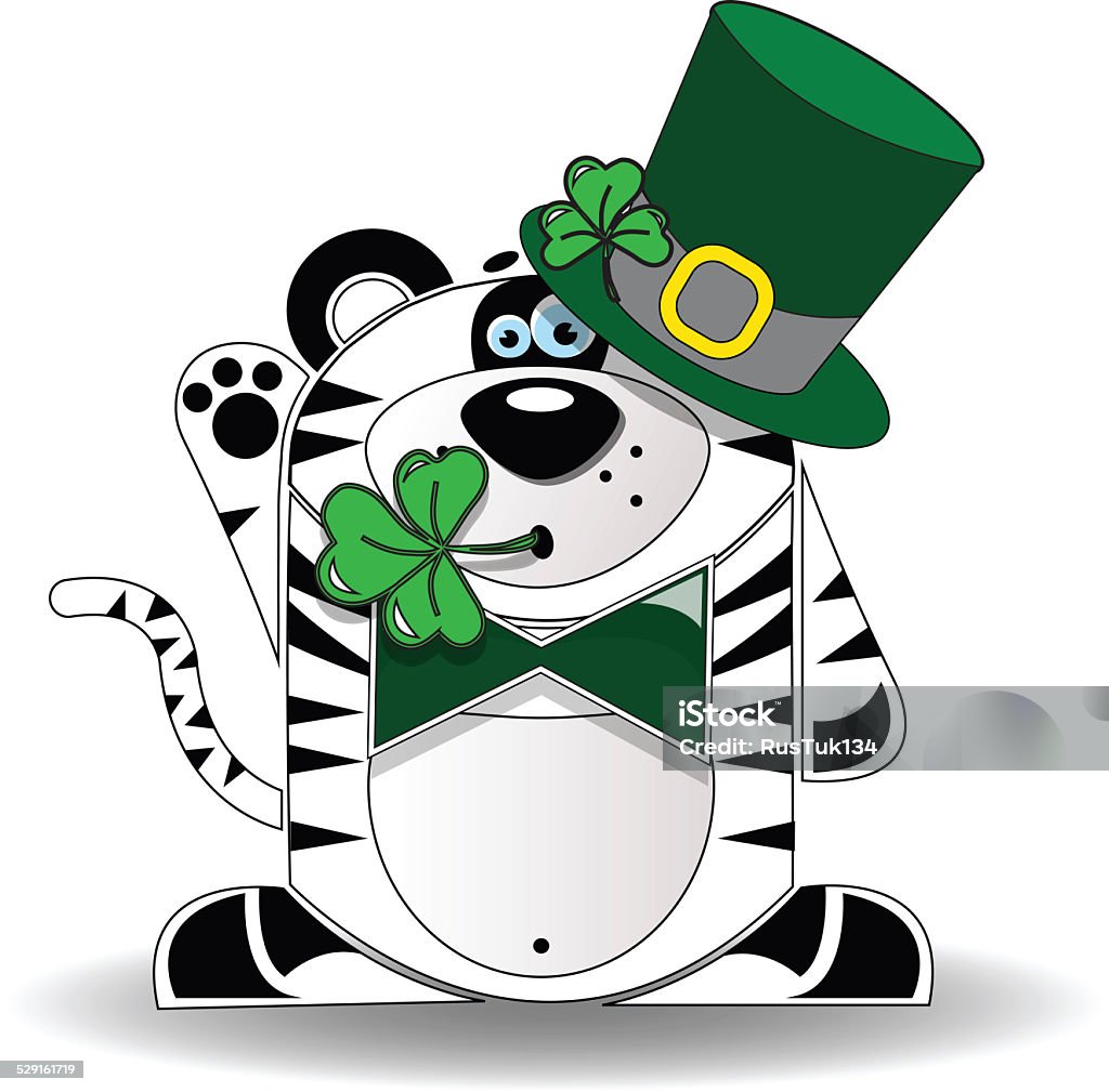 St Patricks Day Tiger Illustration. St Patricks Day Tiger Wearing A Hat And Chewing On A Clover. Abstract Stock Photo