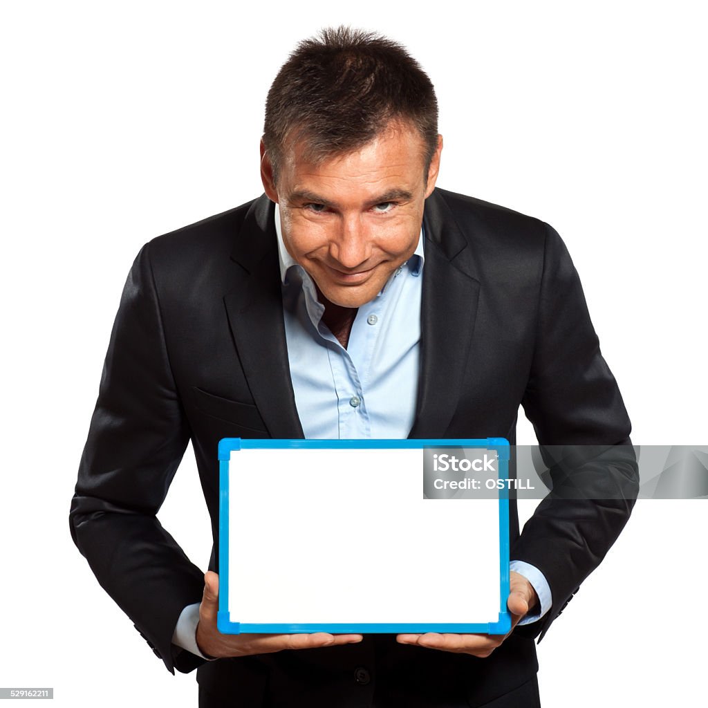 one business man holding showing whiteboard one  business man holding showing whiteboard in studio isolated on white background Adult Stock Photo