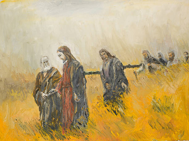 religious scene, Christ and his disciples oil painting illustrating a religious scene, jesus christ and his disciples on a meadow apostle worshipper stock illustrations