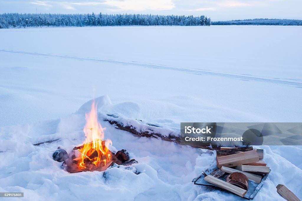 Lonely campfire Campfire in winter landscape Campfire Stock Photo