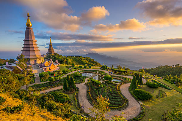 Landscape of two pagodas in an Inthanon mountain, Thailand. Landscape of two pagodas Noppamethanedol & Noppapol Phumsiri in an Inthanon mountain, Thailand. chiang mai province stock pictures, royalty-free photos & images