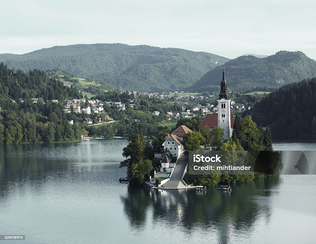 Bled Church on island in the middle of Bled lake. Slovenia Aerial View Stock Photo