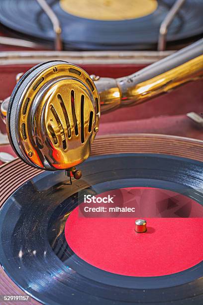 Old Gramophone View On Speaker On Vinil Disk Stock Photo - Download Image Now - Gramophone, Record - Analog Audio, 1960-1969