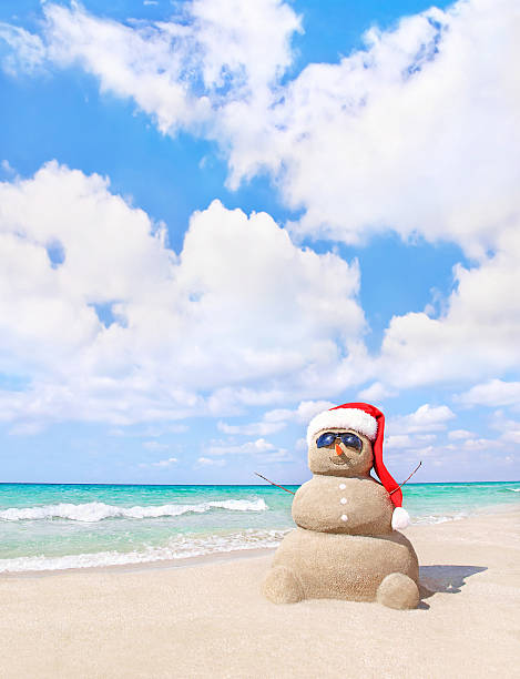 istock Christmas snowman in santa hat at sandy beach 529194779