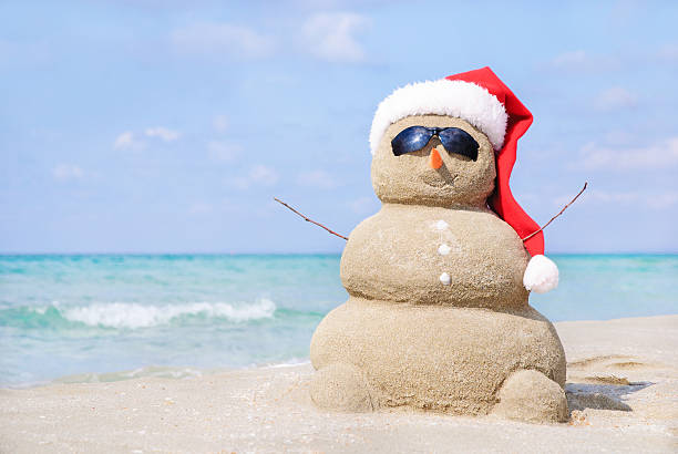 istock Christmas snowman in santa hat at sandy beach 529194891