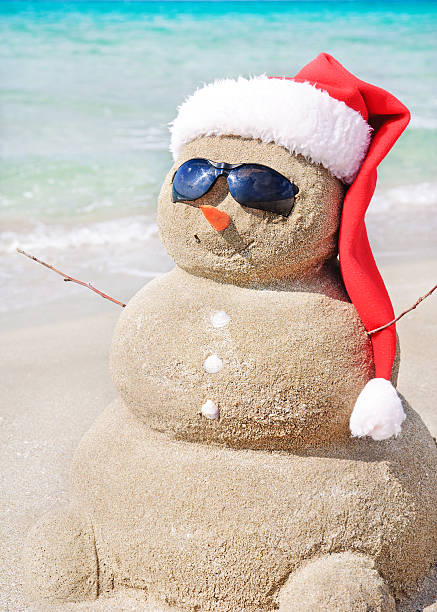 istock Christmas snowman in santa hat at sandy beach 529194951