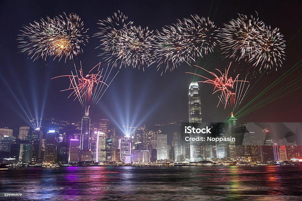 Fireworks Celebration at Hong Kong city Fireworks Celebration at Hong Kong Victoria Bay view From Kowloon Celebration Stock Photo