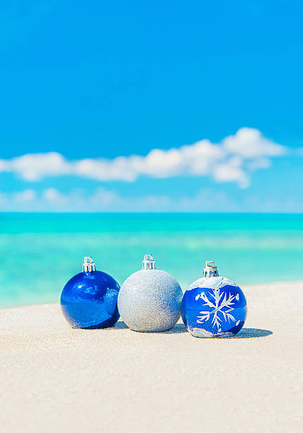 istock Christmas tree decorations on sea sandy beach 529196567