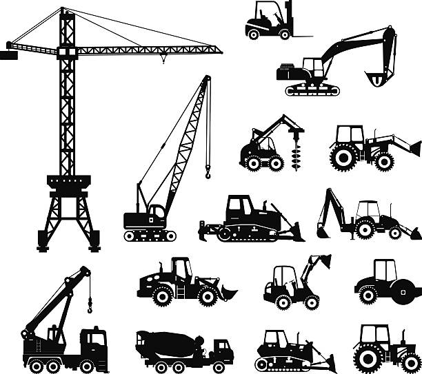 ilustrações, clipart, desenhos animados e ícones de conjunto de ícones de aparelhos de construção forte. vetor ilustração - wheel tractor scraper
