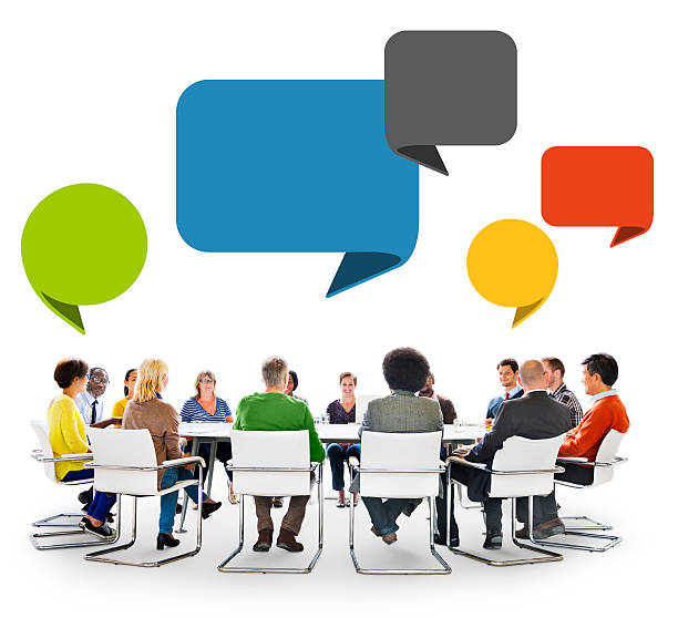 istock Group of People in Meeting with Speech Bubbles 529210045