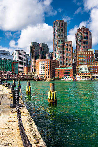 The Boston Skyline, seen from Fort Point. stock photo