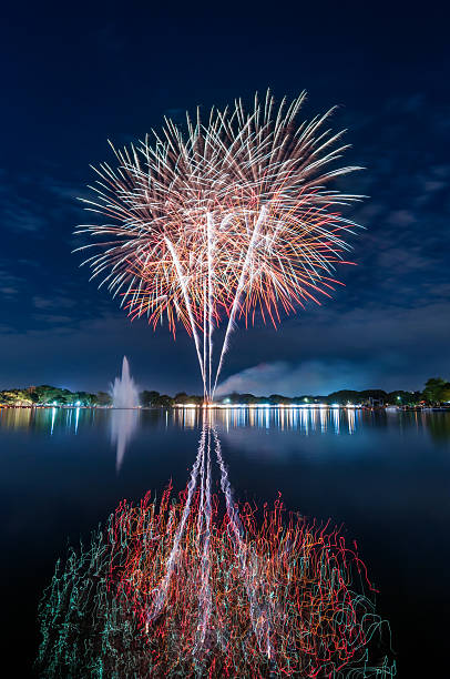 istock colourful fireworks with a reflection on the water for celebrati 529211883
